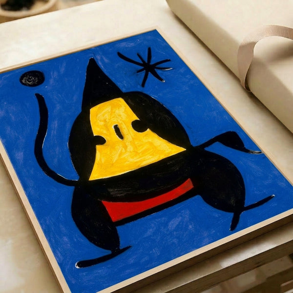 Modernist blue figure composition combining cubist and expressionist elements, framed as a sophisticated interior art piece.