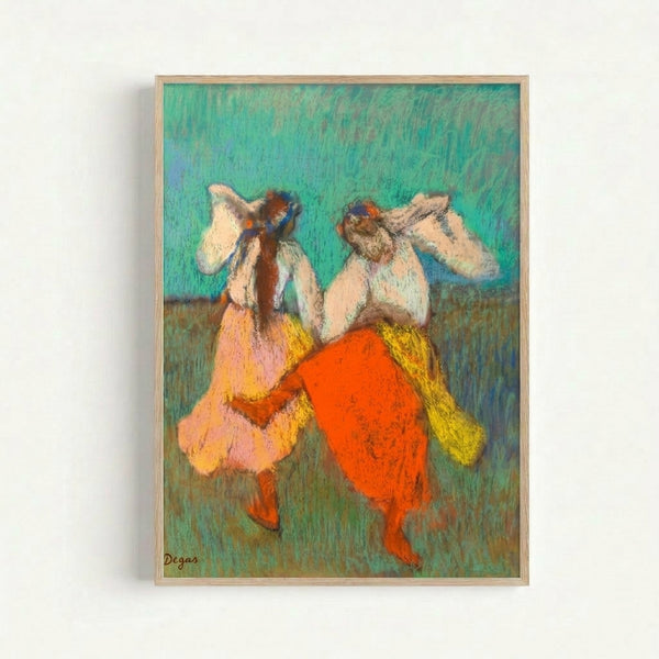 Framed art print of dancers in flowing garments rendered in warm reds and golds, Impressionist style with dynamic movement and artistic composition.