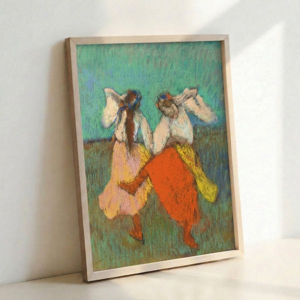 Vintage-style poster depicting ballet performers wearing bright red and yellow skirts, soft Impressionist palette with graceful poses and classical dance subject.
