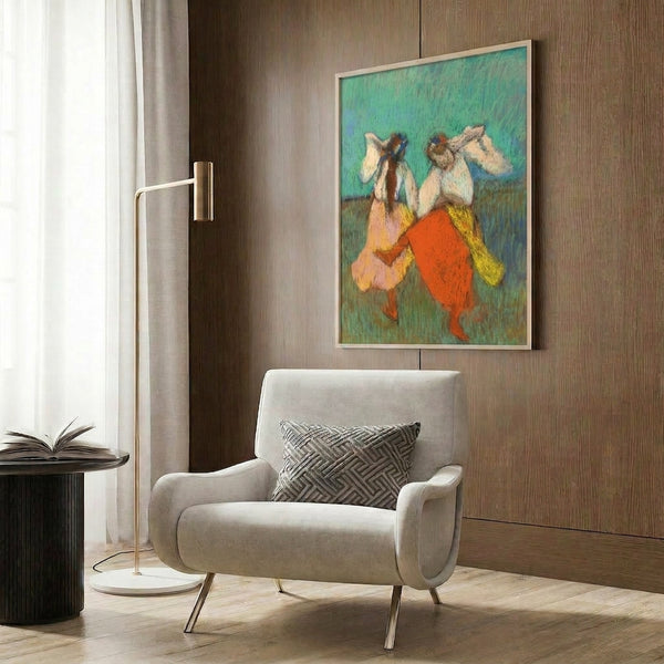 Colorful ballet dancers artwork in red and yellow tones, framed print with soft Impressionist technique and luminous pastel background.