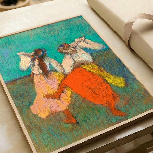 Poster art featuring dancers with vivid red and yellow skirts in Impressionist style, soft gestural marks and warm, inviting color palette.