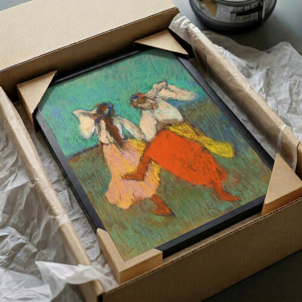 Framed Impressionist-style dance composition with figures in bright red and yellow garments, loose brushwork creating sense of movement and grace.