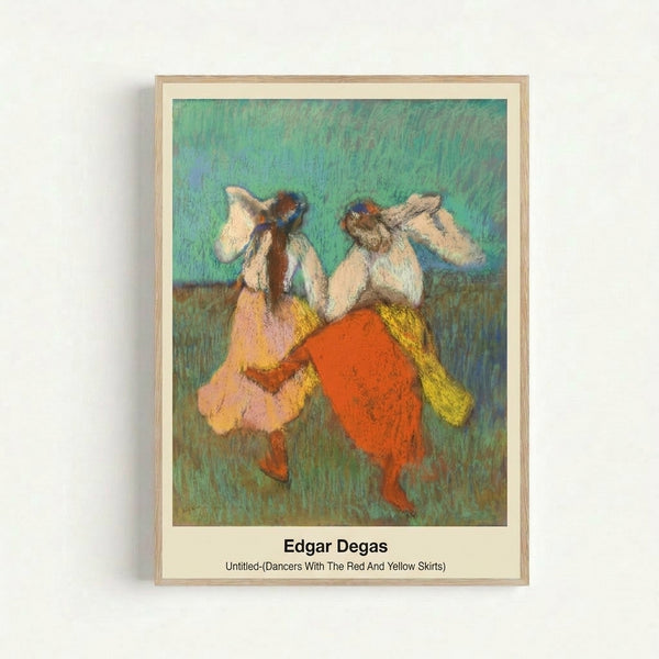 Elegant impressionist artwork depicting female dancers in vibrant red and yellow garments, rendered in warm earth tones and cool blues, displayed as a framed poster.