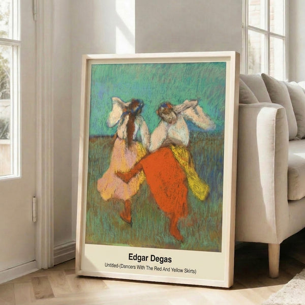 Impressionist dance composition showing women in flowing red and yellow skirts, with contemplative mood rendered in pale blue, ochre, and cream tones as wall art.