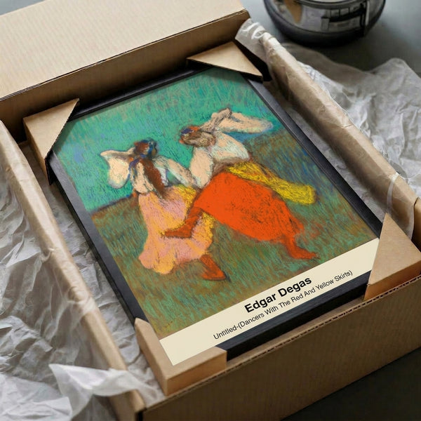 Soft impressionist artwork of female ballet dancers wearing red and yellow skirts, capturing movement and grace through warm yellows, reds, and cool blue tones, poster wall art.