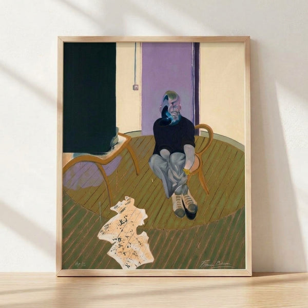 Abstract framed poster of a crouching figure rendered in dark, gestural brushstrokes with muted earth tones and shadowy hues, evoking an unsettling, introspective mood.