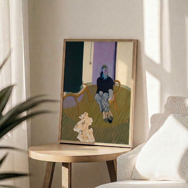Modern art print featuring a distorted human form in a crouched position, executed in bold expressionistic strokes with a somber palette of browns and blacks.