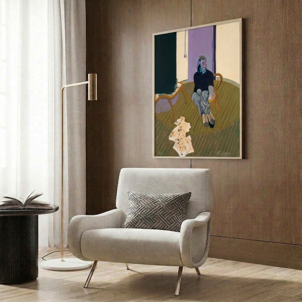 Framed contemporary artwork depicting an abstracted crouching figure with raw, energetic line work and a dark, contemplative atmosphere in muted tonal colors.