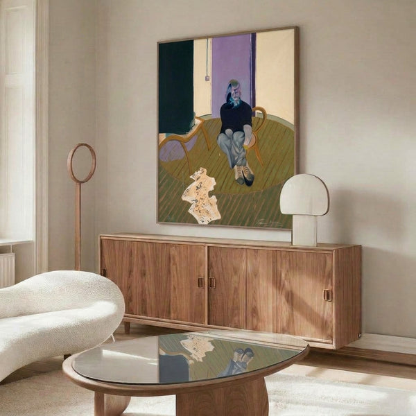 Abstract poster print showing a contorted figure in a crouch, characterized by expressive gestural marks and a moody, introspective color scheme of deep browns and grays.
