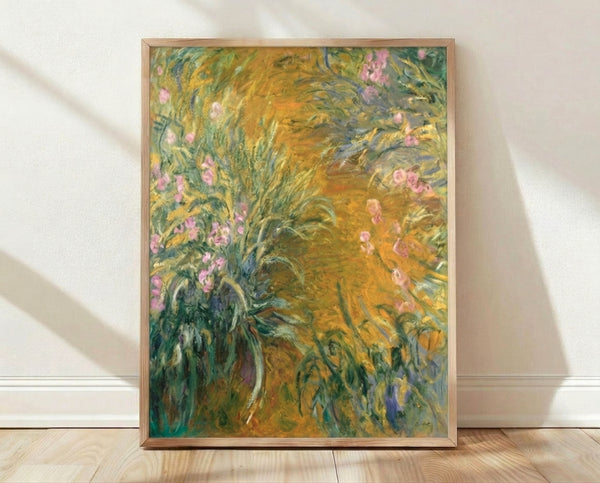 Impressionist painting of lush flower bushes in soft pastels and muted garden tones, framed as a wall poster print.