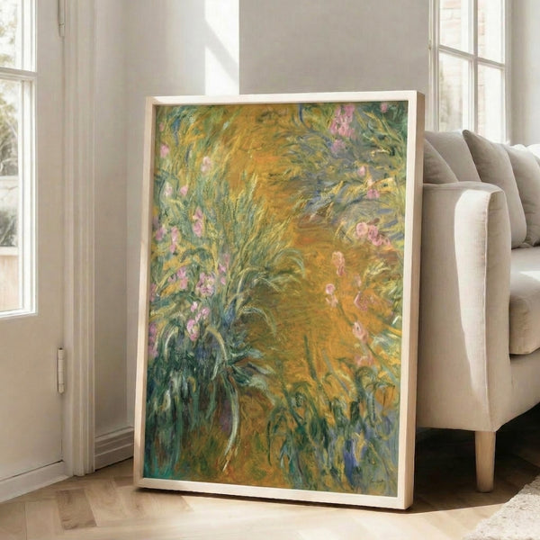 Classical impressionist floral poster showing dense flowering bushes with soft color transitions and dreamy garden mood.