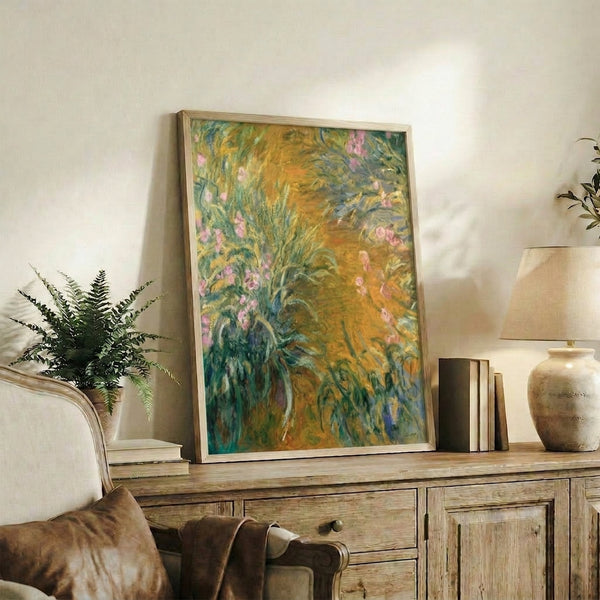 Botanical wall print of flowering bushes in impressionist technique, displaying muted earth tones and romantic garden aesthetic.