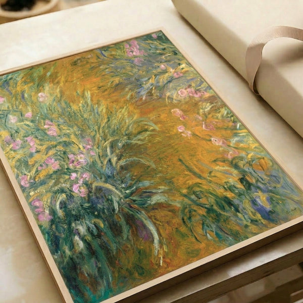 Impressionist flower bush painting in soft botanical tones, presented as a framed vintage-style poster print for wall decor.