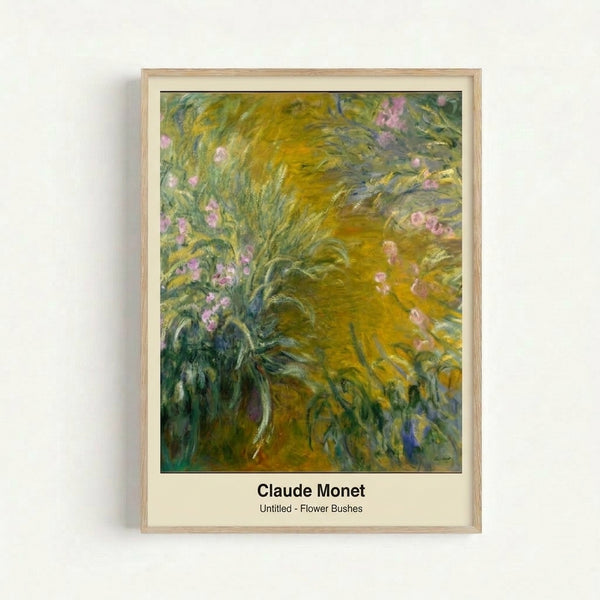 Claude Monet's delicate floral composition featuring blooming shrubs and poplars rendered in loose brushstrokes with naturalistic greens and pale blues, framed art print.