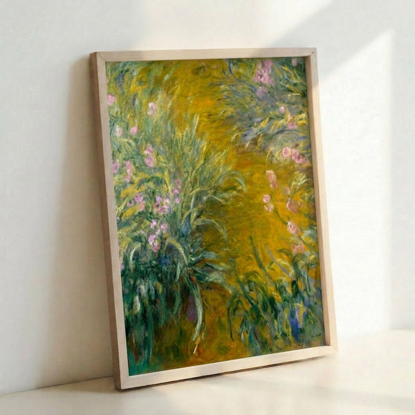 Framed botanical artwork in Impressionist style depicting a tranquil garden of white and yellow flowers amid lush green foliage and trees.