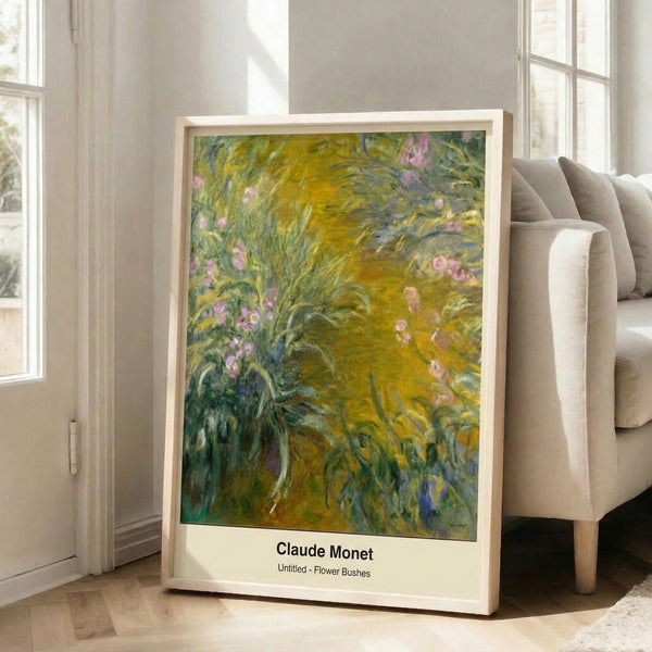 Soft, contemplative landscape painting of flowering bushes in cool and warm earth tones, showcasing Monet's characteristic Impressionist technique as a framed wall print.