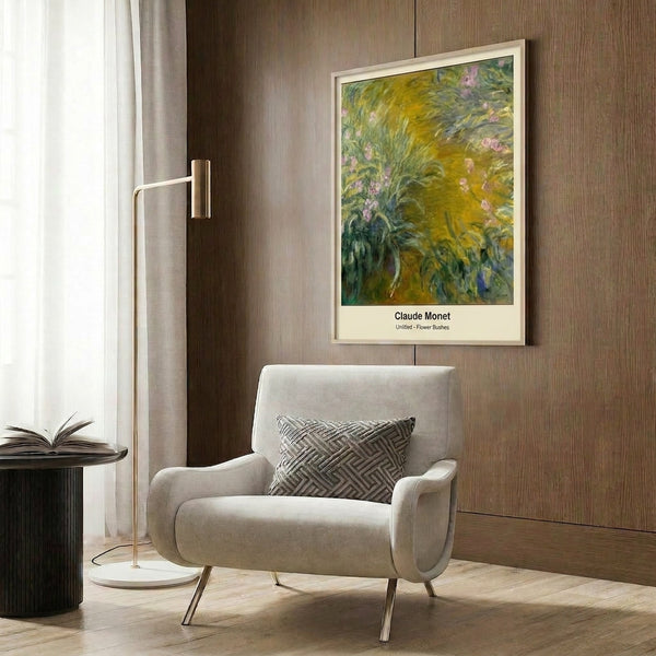 Serene botanical study of flowering shrubs rendered in Impressionist style with subtle ochre, green, and white colors, framed as wall art.