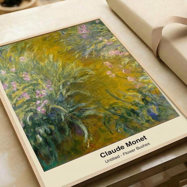 Monet's luminous interpretation of garden flowers and trees in soft greens and blues with white accents, an Impressionist masterpiece presented as a framed art print.