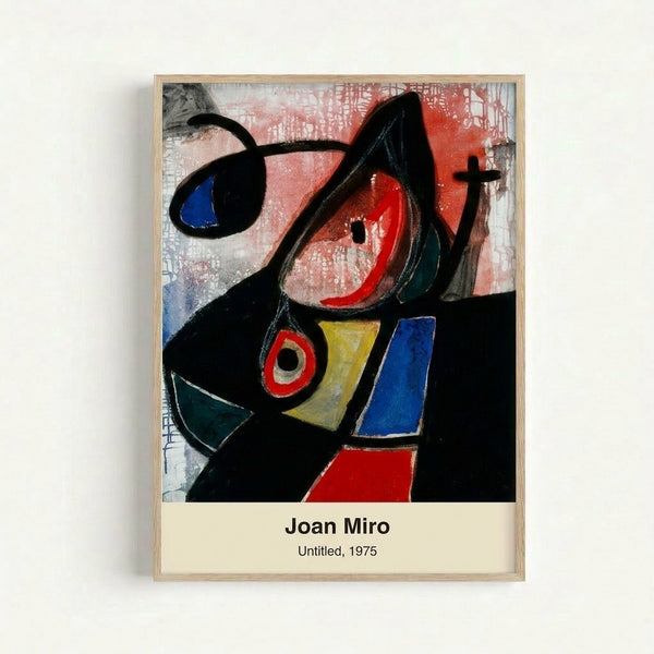 Dreamlike modern art print with whimsical abstract forms and bold color blocks in vibrant reds, blues, and yellows framed as wall art.