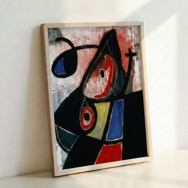 Framed abstract surrealist poster showcasing introspective, playful composition with organic shapes in red, blue, black, yellow, and white.