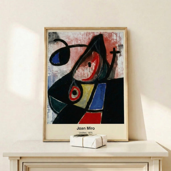 Modern abstract print with surreal, geometric elements in a striking palette of red, blue, yellow, and black creating a whimsical mood.