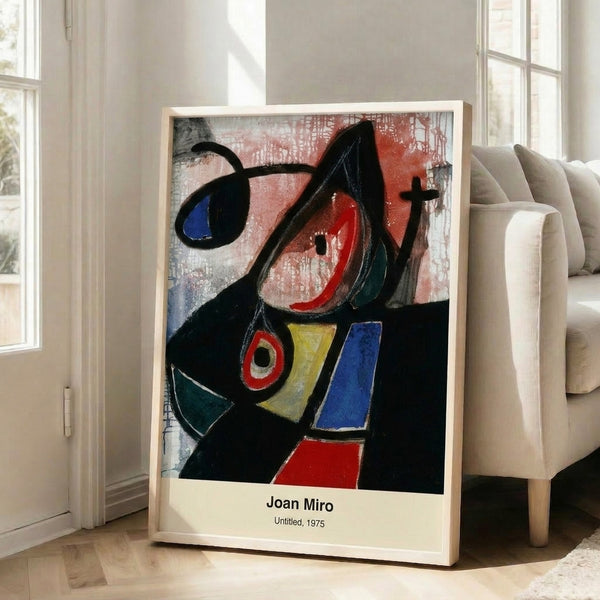 Playful surrealist art print featuring abstract forms and bold color contrasts in red, blue, yellow, and white displayed as framed wall decor.