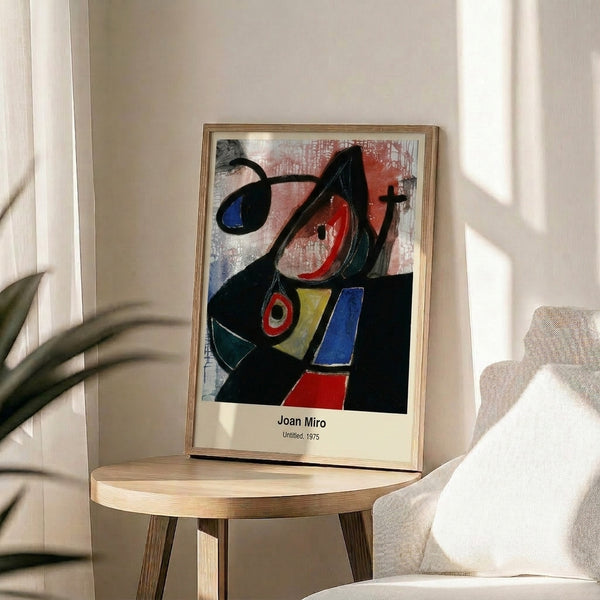 Dreamlike abstract poster combining surreal shapes and geometric lines in vibrant reds, blues, yellows, blacks, and whites on a framed wall.