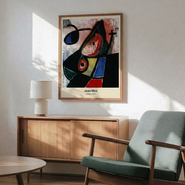 Framed modern art print with an introspective, whimsical surrealist design using bold reds, blues, yellows, and blacks in abstract composition.