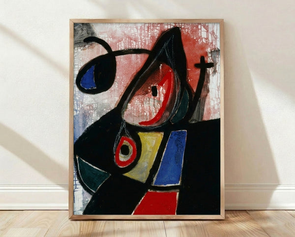 Abstract surrealist poster featuring organic shapes and bold geometric forms in red, blue, and yellow against a cream background, evoking mid-century modern art.