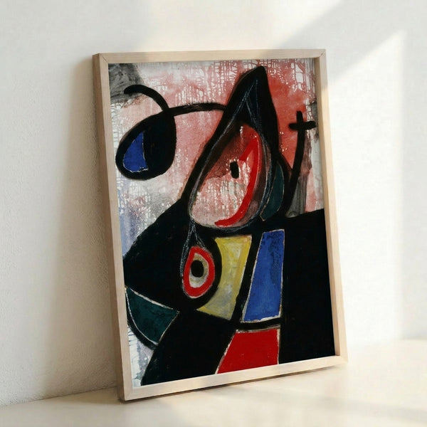 Cubist-inspired wall art displaying vibrant red, blue, and yellow elements with curved and angular forms creating a dynamic composition.