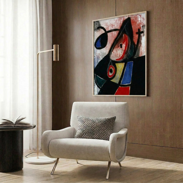 Minimalist surrealist framed print featuring abstract shapes in saturated reds, blues, and yellows on a neutral ground.