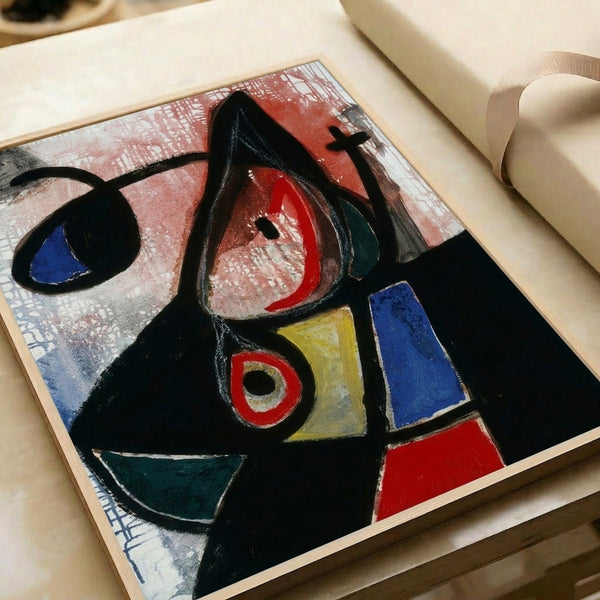 Wall-mounted poster displaying inventive geometric and organic shapes in bold primary colors, characteristic of abstract modernist design.