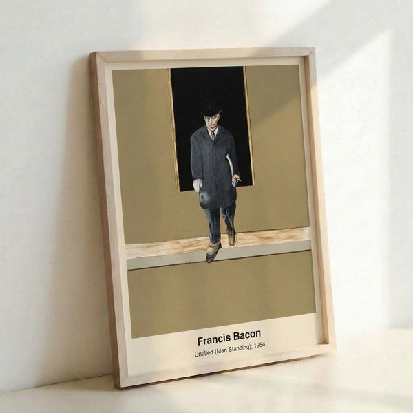 Framed contemporary art print of a solitary figure in shadowy grays and blacks with warm rust accents, conveying isolation and existential tension through abstracted form.
