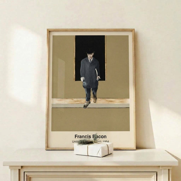 Dark abstract portrait of a standing male figure in muted earth tones and blacks, rendered with expressive gestural marks that suggest psychological tension and inner turmoil.