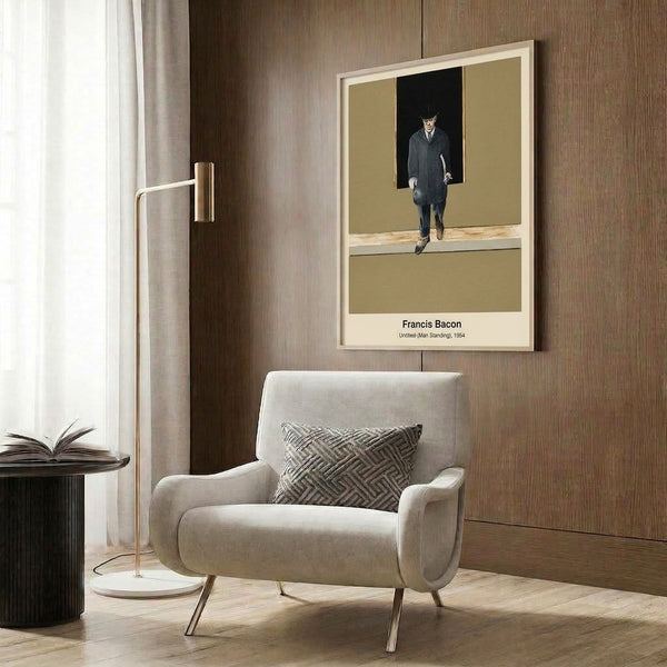 Framed abstract print depicting a solitary figure in cool grays and warm rust tones against a dark palette, evoking raw emotional and psychological depth.