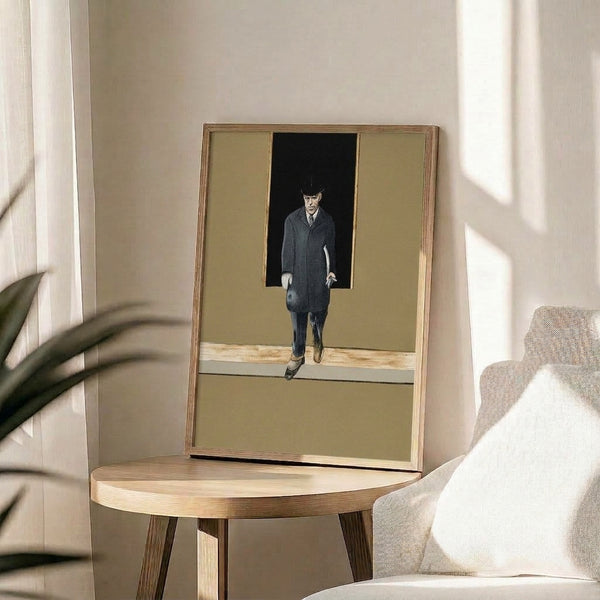Framed print of an abstracted standing male figure in muted earth tones and blacks, showing gestural brushwork and existential tension characteristic of mid-century modern art.