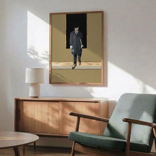 Dark expressionist poster art depicting a lone figure in muted browns and grays, with fragmented form and brooding atmosphere suggesting isolation and introspection.