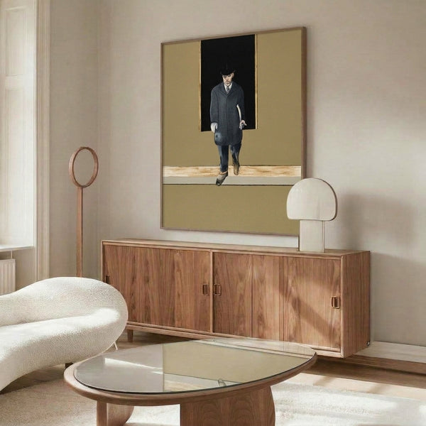 Abstract art print with a centrally positioned male silhouette rendered in somber charcoal and sepia tones, featuring bold gestural marks and psychological intensity.