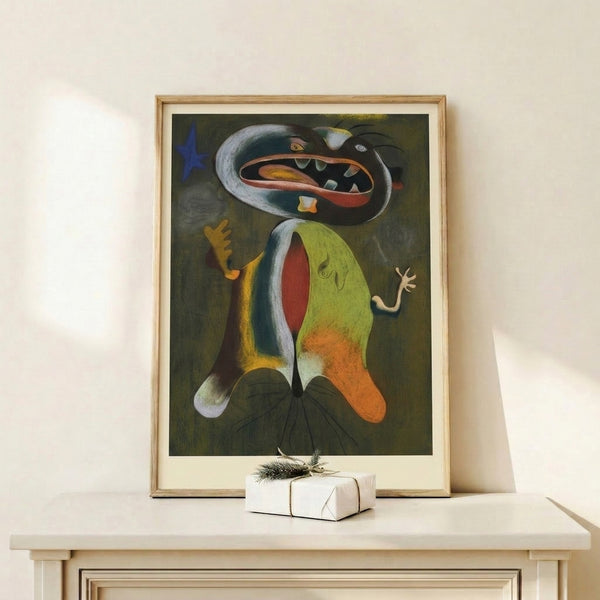 Whimsical abstract portrait of a figure in red and black with blue accents, framed poster showcasing surreal expressionist sensibility and introspective tone.