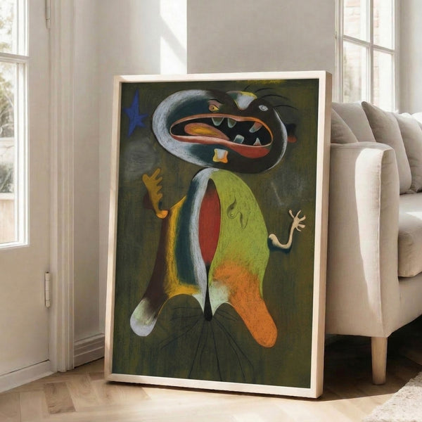 Surrealist line art print featuring an abstracted female form in bold red and black with blue elements, evoking playful subconscious imagery on cream field.