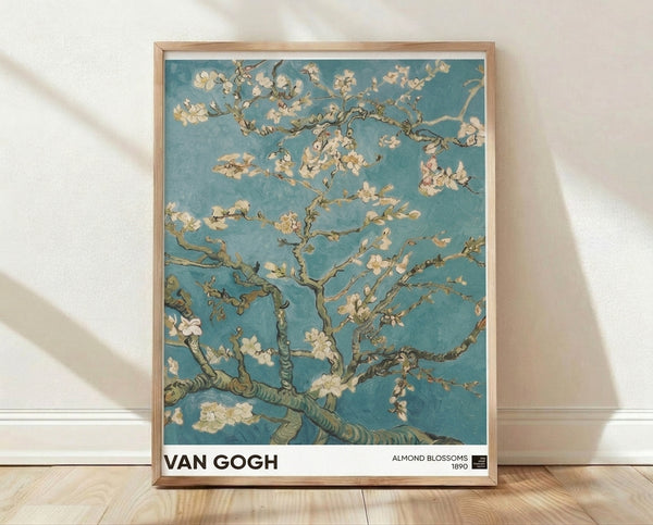 Serene impressionist painting of delicate almond blossoms on branches against a soft teal blue background, rendered in cream white, olive green, and golden tan tones.