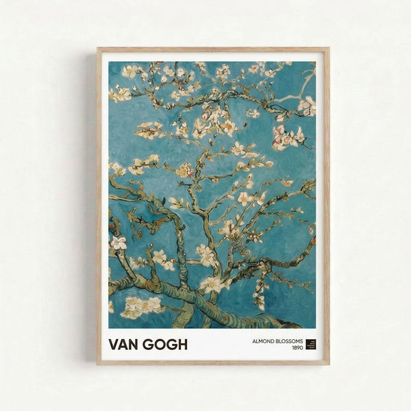 Vintage botanical art print featuring a blooming almond tree with pale flowers and graceful branches in muted cream, teal, and earthy green hues.