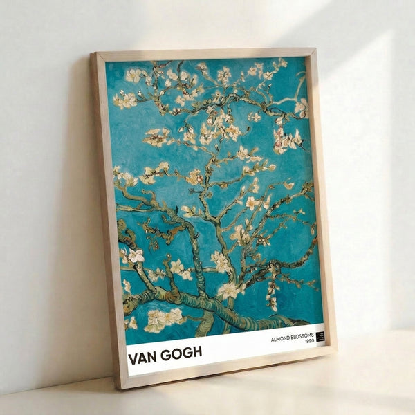 Hopeful impressionist framed poster depicting tender almond blossoms in cream and white against a calming teal sky with soft golden and olive accents.
