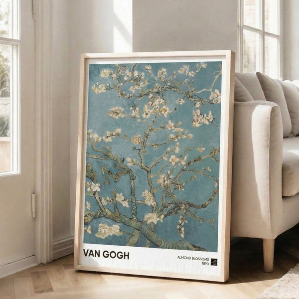 Delicate floral wall art showing an almond tree in full bloom with impressionist brushwork, soft cream flowers, and a serene palette of teal, green, and warm tan tones.