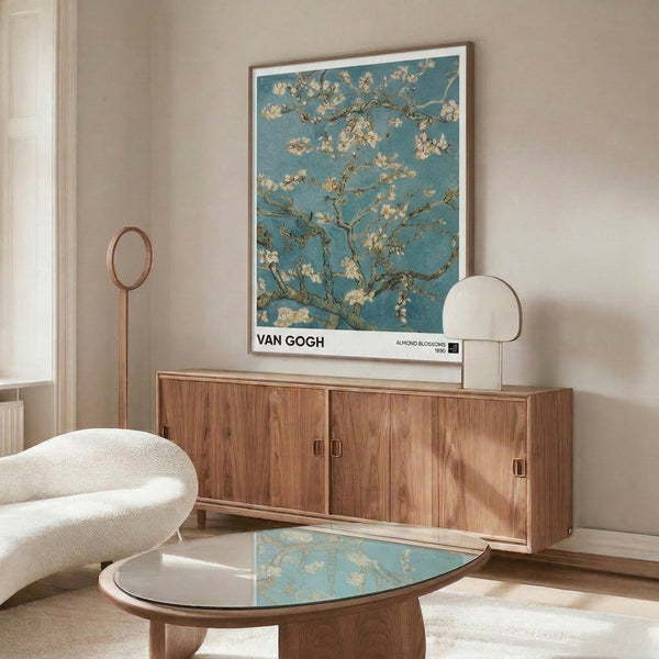 Serene impressionist poster featuring blooming almond branches in cream and white flowers against a peaceful teal backdrop with touches of olive and golden detail.