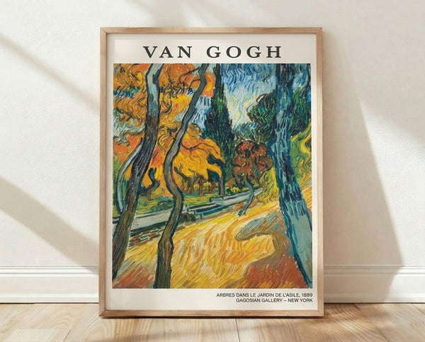 Serene garden landscape with twisted trees and winding path rendered in soft golden yellows, deep blues, and olive greens in Impressionist style.