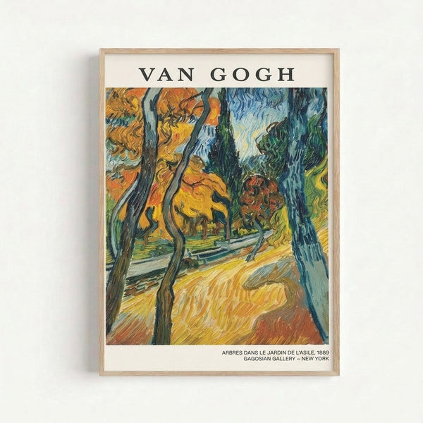 Peaceful woodland scene featuring gnarled trees and foliage in warm rust orange and cream tones, vintage Impressionist wall art.