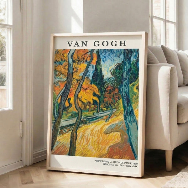 Tranquil landscape poster showing verdant trees and garden setting in golden and olive tones characteristic of 1889 Impressionist work.