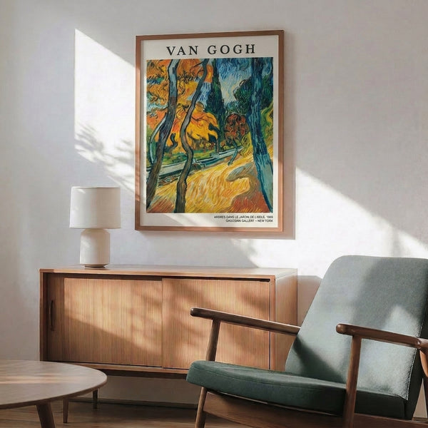 Vintage-style garden print featuring contemplative woodland landscape with twisted foliage in warm golden and cool blue Impressionist technique.