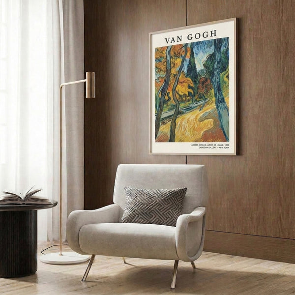 Peaceful outdoor garden art with softly rendered trees and natural pathway in olive green, rust orange, and golden yellow tones.